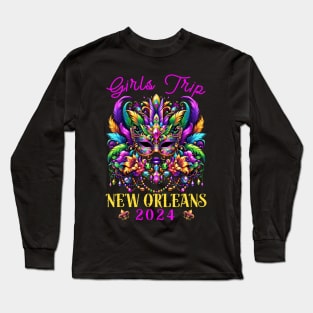 Girls Trip New Orleans 2024 Girl Mardi Gras Mask Beads Long Sleeve T-Shirt